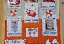 Tablica demonstracyjna przedstawiająca symbole narodowe w grupie Żabki.