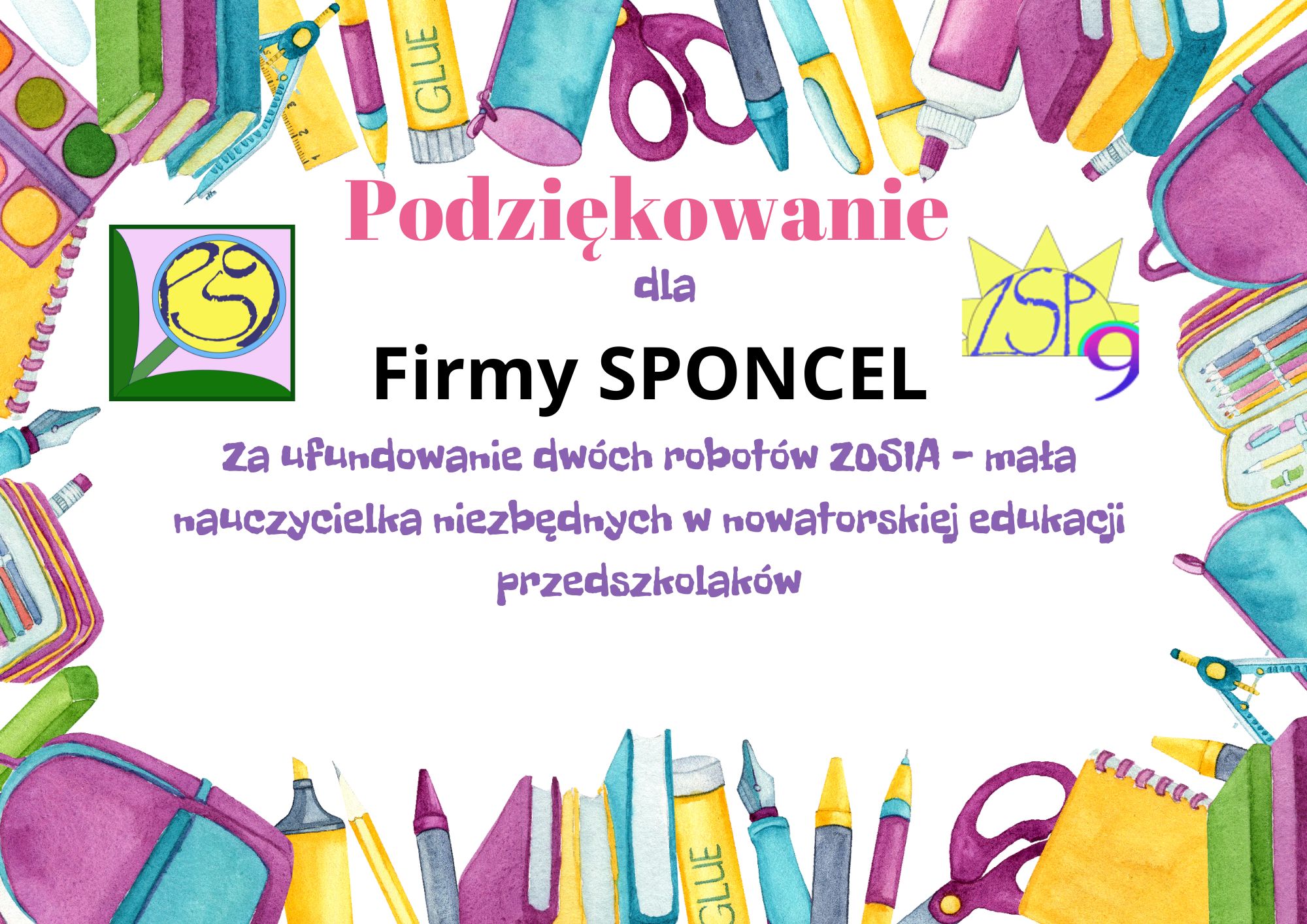 podziękowania dla firmy Sponcel