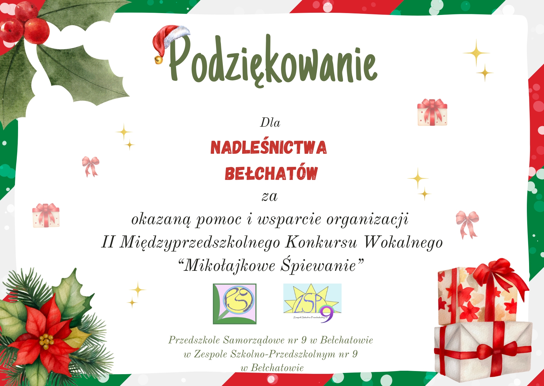 podziękowanie dla Nadleśnictwa Bełchatów