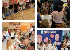 Kolaż zdjęć z występu ,,Żabek" z okazji Dnia Babci i Dziadka.