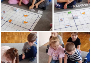 Kolaż z dziećmi z grupy Tropiciele wyznaczającymi w parach drogę robota Zosi do sera.