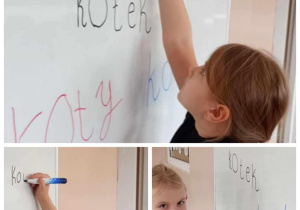 Kolaż z dziećmi z grupy Tropiciele piszącymi na tablicy różne określenia słowa kot.