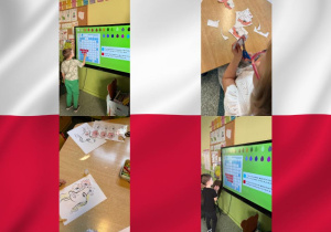Motylki układają flagę Polski poprzez kodowanie na monitorze oraz wykonują patriotyczną pracę plastyczną