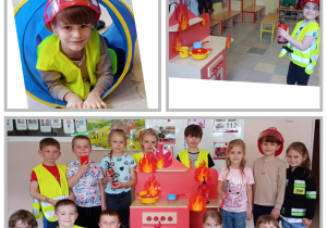 Kolaż dzieci z grupy Tropiciele w trakcie wykonywania toru sportowego, gaszenia niby pożaru oraz ze sprzętem strażackim.
