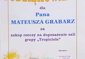 Podziękowanie dla rodzica za zakup rzeczy na doposażenie sali Tropiciele.