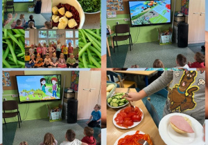 Kolaż przedstawia zagadnienia Programu Skąd się biorą produkty ekologiczne w grupie Motylków. Grupa realizuje również przy okazji zagadnienia z projektu promującego zdrowe odżywianie wśród dzieci.