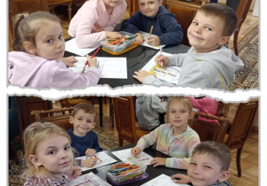 Kolaż z dziećmi z grupy Tropiciele podczas kolorowania symboli miasta.