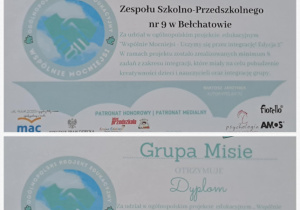 Certyfikat i dyplom za udział w projekcie.