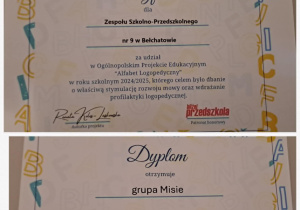 Certyfikat oraz dyplom za udział w projekcie.