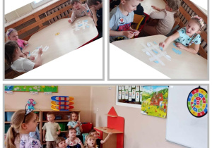 Trzy zdjęcia dzieci podczas rzucania do tarczy i gry w kółko i krzyżyk.