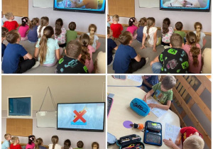 Kolaż zdjęć przedstawiający grupę Pszczółki w trakcie oglądania filmu edukacyjnego dotyczącego bezpieczeństwa podczas wakacji.