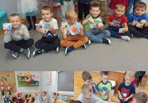 Kolaż zdjęć przedstawiający aktywności dzieci z grupy Misie podczas świętowania Dnia Przedszkolaka.