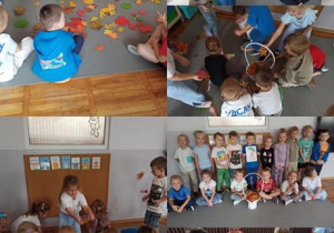 Kolaż zdjęć przedstawiający dzieci z grupy Misie podczas zabaw na powitanie jesieni.