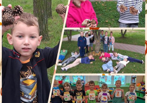 Kolaż zdjęć przedstawiający dzieci z grupy Motylki podczas spaceru w poszukiwaniach jesieni.