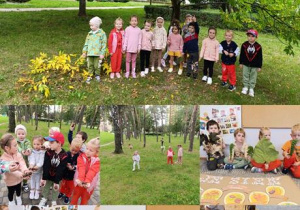 Kolaż zdjęć przedstawiający dzieci z grupy Stokrotki podczas zabaw i spaceru w poszukiwaniach darów jesieni.