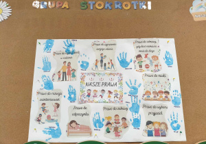 Tablica przedstawiająca prace plastyczne grupy Stokrotki.