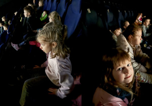 Kolaż przedstawia dzieci oglądające film w kinie