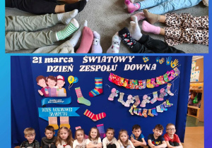 Kolaż zdjęć dzieci z grupy Motylki podczas obchodów Dnia Kolorowej Skarpetki.