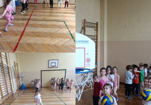 Dzieci w czasie zajęć sportowych na sali gimnastycznej.