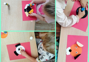 Kolaż zdjęć dzieci z grupy Słoneczka podczas wykonywania psa techniką origami płaskiego.