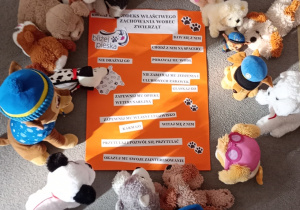 Plakat przedstawiający kodeks właściwego zachowania się wobec zwierząt dokoła, którego leżą pluszowe pieski.