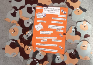 Kodeks właściwego zachowania się wobec zwierząt dookoła, którego leżą papierowe psy wykonane przez przedszkolaków.