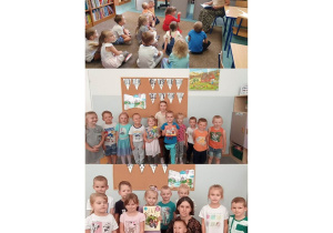Dzieci z grupy Liski na zdjęciach podczas czytania bajki w bibliotece, dziewczynkę z klasy III oraz panią logopedę.