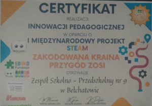 Certyfikat potwierdzający udział w projekcie Zakodowana kraina Przygór Zosi