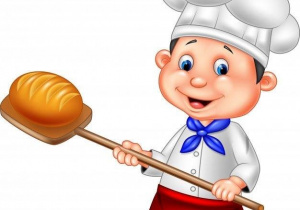 Ilustracja z piekarzem trzymającym chleb.