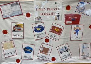 Tablica dekoracyjna z napisem ,,Dzień Poczty Polskiej” przedstawiająca logo poczty, listonosza, budynek poczty, koperty, torbę i czapkę listonosza, obsługę poczty oraz samochód pocztowy.