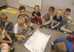 Dzieci z grupy Pszczółki robią burze mózgów na temat: Po co nam zęby? – pomysły zapisane na dużym kartonie z narysowanym zębem.