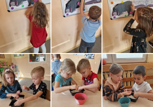 Kolaż zdjęć. Dzieci z grupy Odkrywcy wykonują dwie konkurencje: zabawa w "Kopciuszka" - oddzielanie ryżu od ciecierzycy i doczepianie ogonka Kłapouchemu.