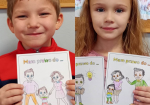 Dziewczynka i chłopiec trzymają w dłoniach kolorowanki z prawami dziecka.