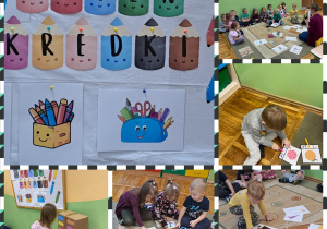 Dzieci z grupy Misie poznały rodzaje kredek, wykonywały zadania klamerkowe, łącznie kolorów oraz układały szablony literek z kredek.