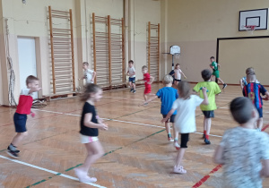 Zdjęcie przedstawia biegające dzieci na sali gimnastycznej, bawiące się w „Berka”.