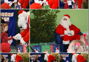 Kolaż ze zdjęć, na których Mikołaj wręcza upominki wszystkim uczestnikom konkursu.