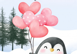 Grafika przedstawia napis z okazji Dnia Wiedzy o Pingwinach oraz sylwetę pingwinka z balonami.