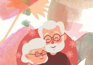 Grafika przedstawia napis z okazji Dnia Babci i Dziadka oraz sylwety uśmiechniętych babci i dziadka.