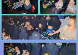 Dzieci z grupy Misie siedzą w fotelach kinowych i czekają na bajkę pt. „Zagadka Klary Muu”.