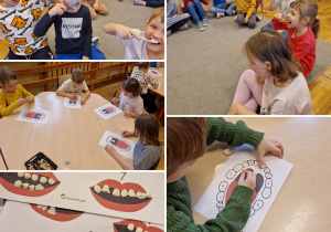 Grupa Odkrywcy podczas zabaw z okazji Dnia Dentysty. Dzieci dowiedziały się jak prawidłowo szczotkować zęby i zagrały w grę "Dentysta".