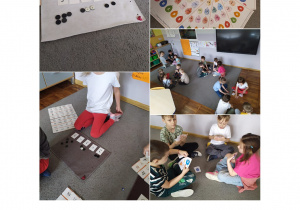 Zdjęcie przedstawia kolaż zdjęć z Dnia Matematyki w grupie Pszczółki. Dzieci układają liczmany i cyfry na dywanikach, grają w matematycznego Piotrusia, kolorują karty pracy.