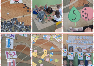 Zdjęcie przedstawia kolaż zdjęć dzieci z grupy Misie podczas zabaw z okazji Dnia Matematyki.