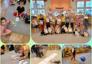 Zdjęcie przedstawia kolaż zdjęć dzieci z grupy "Żabki" podczas zabaw z okazji Dnia Matematyki.