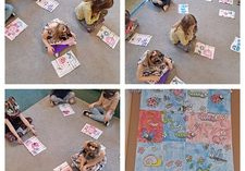 Kolaż zdjęć dzieci z grupy Motylki podczas układania puzzli na dywanie oraz wspólna praca plastyczna