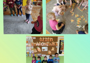 Kolaż zdjęć przedstawia dzieci z grupy Krasnale na tle dekoracji związanej z Dniem Marchewki oraz zabawy i degustacje marchewki.