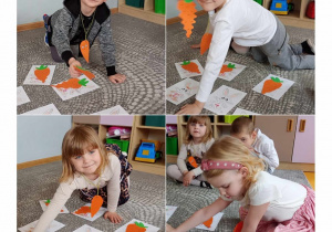 Kolarz prezentujący czwórkę dzieci układających papierowe marchewki na obrazku zajączka z cyfrą na brzuchu.