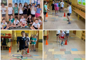 Kolaż zdjęć przedstawiający aktywne uczestnictwo dzieci z grupy Odkrywcy w zajęciach ruchowych z okazji Dnia Sportu.