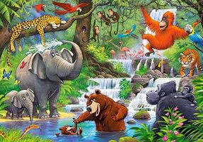 Na obrazku widnieją dzikie zwierzęta takie jak małpy, słonie, goryle flamingi.
