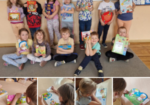 Kolaż zdjęć z Dnia Książki w grupie Odkrywcy. Dzieci przyniosły swoje ulubione książki i wykonały własne zakładki.