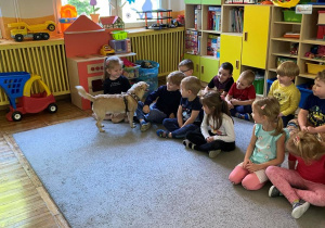 Dzieci siedzą na dywanie a po między mini krąży pies.